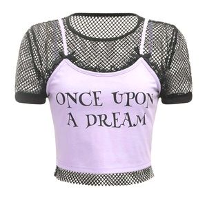 BRAND NEW GRAPHIC CAMI CROP TOP W FISHNET TOP